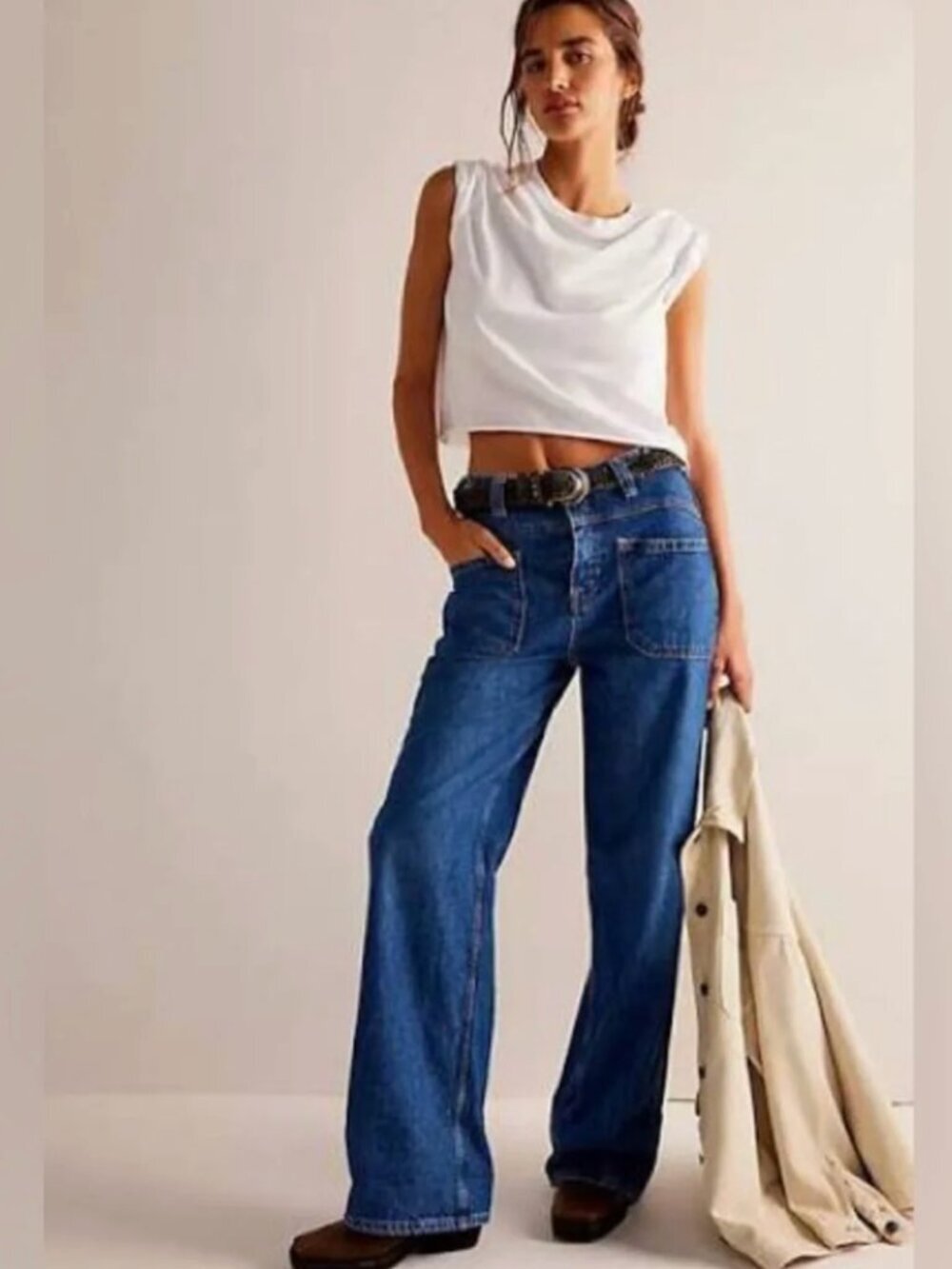 We The Free People Palmer Cuffed Wide Leg Jean 31 Denim Patch Pocket Utility